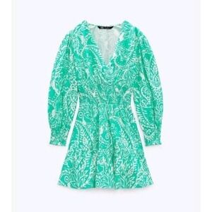 Zara Paisley Print Linen Cotton Long Sleeve Dress M Babydoll Tiered Ruched Green